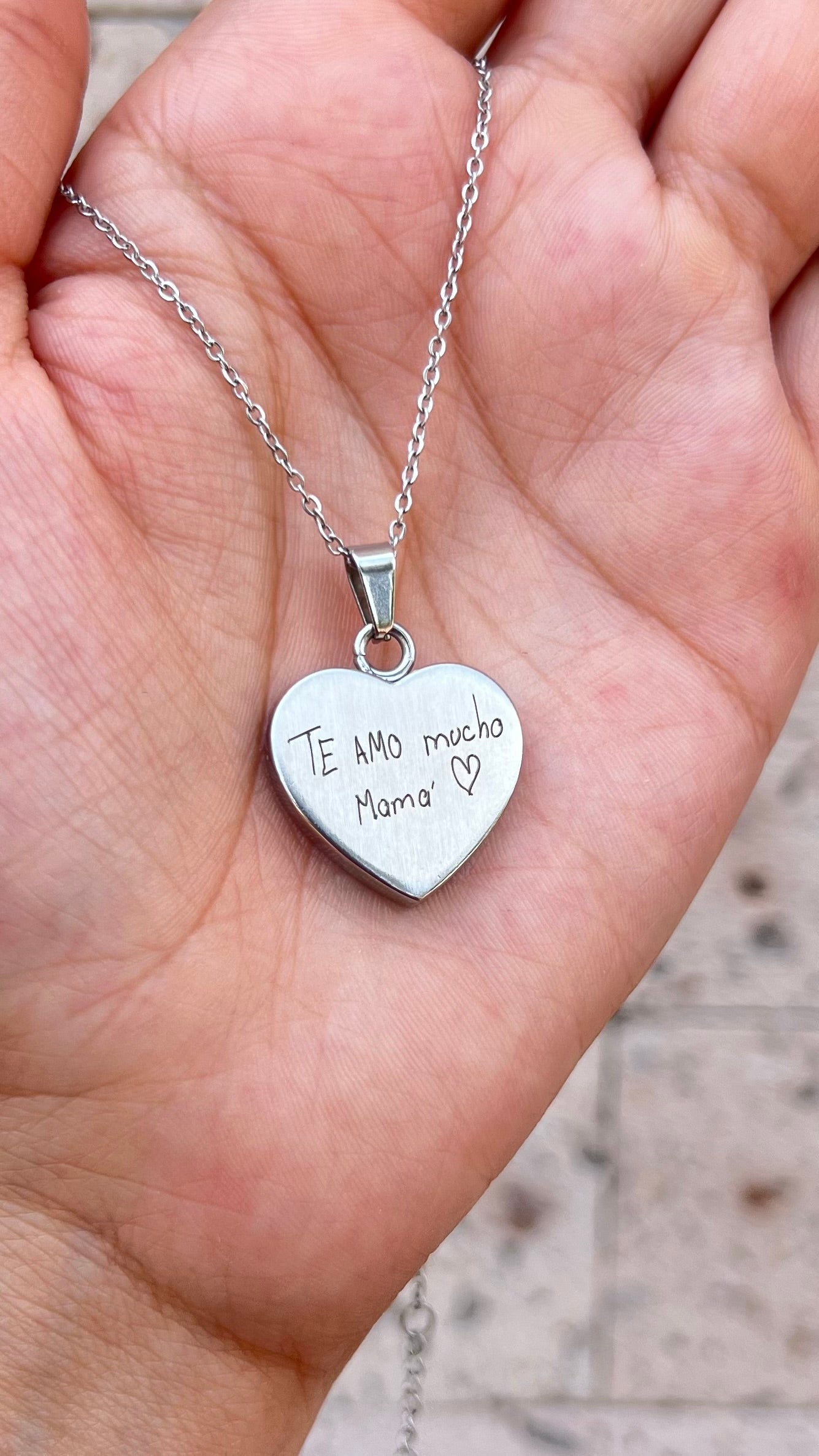 Collar corazón con texto a mano y foto - Acero inoxidable