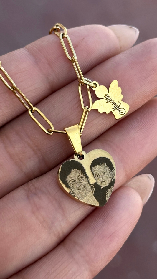 Collar Carlota - corazón con foto y Ángel acero inoxidable