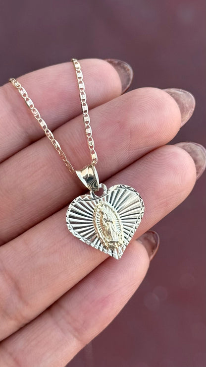 Medalla Virgen corazón Oro 10k - Personalizada / Cadena de regalo Chapa